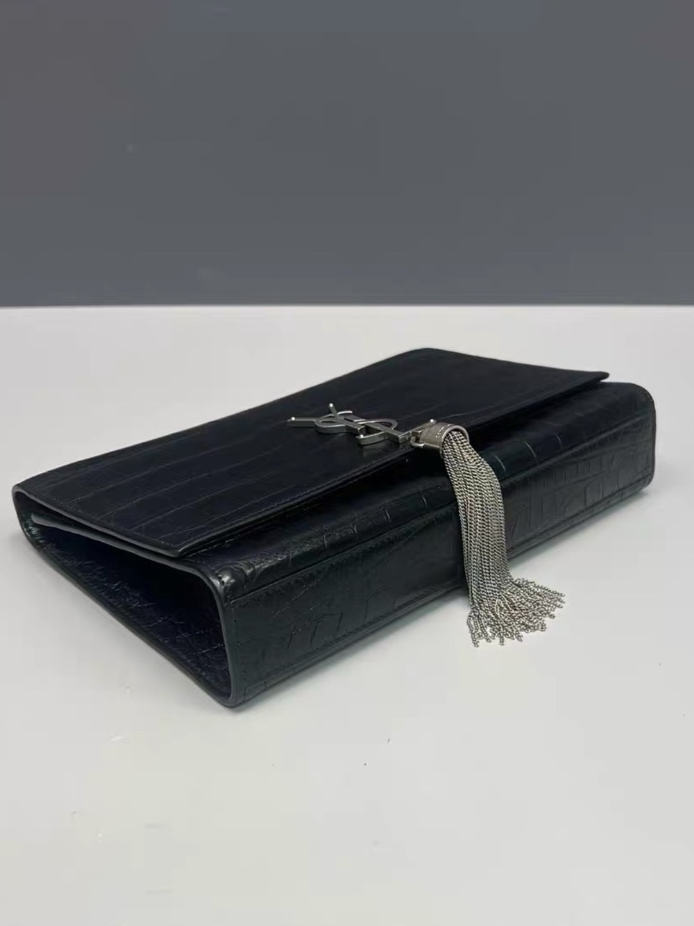 Saint Laurent Black Croc-Embossed Leather Tassel Chain Shoulder Bag - Picture 3 of 9